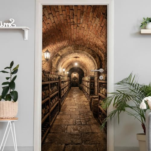 Türtapete selbstklebend blasenfrei | 200 x 90 cm Weinkeller Gewölbe Keller | Tür Aufkleber Türfolie | Einteilig | Wasserfest 3D Türaufkleber Klebefolie Türposter Möbelfolie