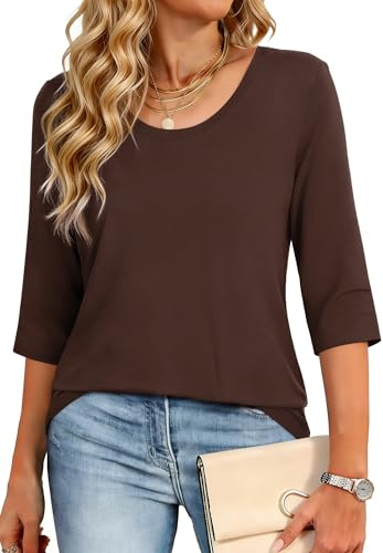 Crewhpo Ladies Tops 3/4 Sleeve Crew Neck T Shirts Elegant Tunic Blouses