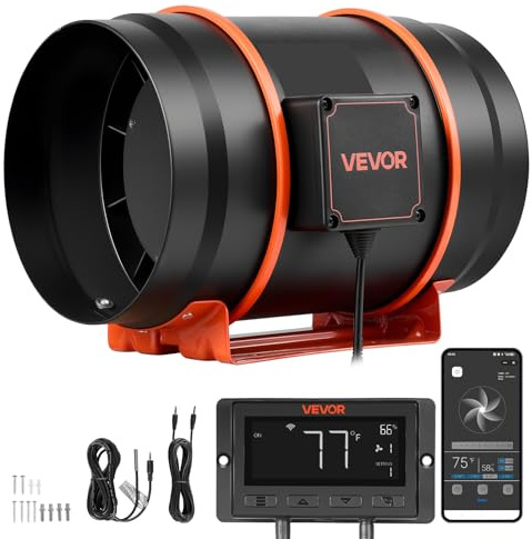 VEVOR Ventilatore da Condotto 1372 m³/h, Estrattore Aria in Linea, Motore EC 203 mm, 10 Livelli di velocità, Controllo PWM con App, Sensore di Temperatura e umidità, per Giardinaggio Indoor, Grow Box