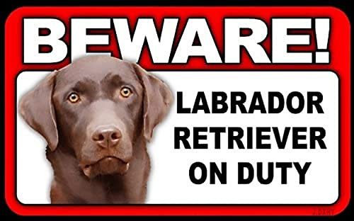 Woodland-Creek-Valley Warnschild mit Hochglanz Bild Beware! Labrador Retriever (Schoko braun) on Duty ca 20 x 12 cm Labrador Retriever hält wache
