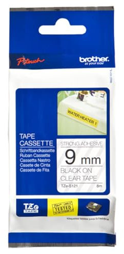 Brother TZe-S121 P-touch Schriftband (extra-stark klebend, 9 mm breit und 8 m lang, laminiert, u.a. für Brother P-touch PT-H105, -E100/VP, -D200/BW/VP, -D210/VP) schwarz auf transparent