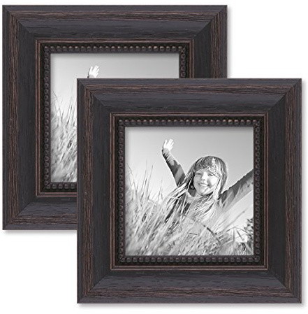 2er Set Bilderrahmen 10x10 cm Shabby-Chic Landhaus-Stil Dunkelbraun Massivholz mit Glasscheibe und Zubehör/Fotorahmen