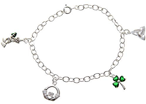 Bettelarmband mit Anhängern, Sterlingsilber, irisches Charm-Armband mit Kobold-, Claddagh-, Kleeblatt- und Dreifaltigkeitssymbol-Anhänger