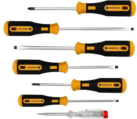 BERNSTEIN Schraubendreher POWERline Satz 7-tlg Schlitz- und Kreuzklingen | Schraubenzieher Set | Langlebiges Handwerkzeug Set