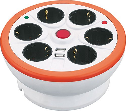 Garza Power - Regleta Circular con 6 enchufes + 2 USB | Ladrón múltiple 1.4 Metros | con Interruptor y guardacable | Cable H05W-F 3G | Color Naranja