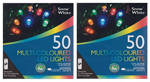 2 x Snow White Battery Powered LED Christmas Fairy Lights 4.9M 50 Lights MultiColour