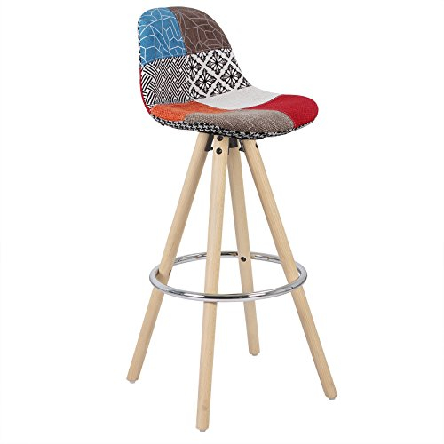WOLTU 1 x Barhocker 1 Stück Barstuhl aus Leinen Holzgestell mit Lehne + Fußstütze Design Stuhl Küchenstuhl optimal Komfort Patchwork Mehrfarbig BH45mf-1