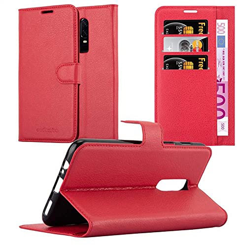 Cadorabo Hülle kompatibel mit OnePlus 6 Handyhülle aus Premium Kunst Leder Flip Klappbare Stoßfeste Magnetische [Standfunktion] [Kartenfächern] Cover Hülle für OnePlus 6 Tasche in Rot