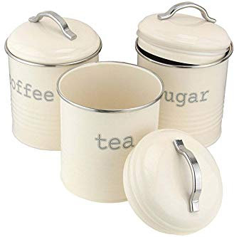 Vintage Cream Enamel Round Set of Tea Coffee Sugar Storage Tin Canister Box