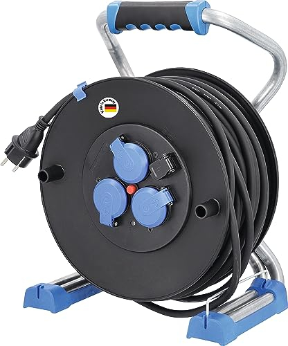 as - Schwabe Xperts Doppelrohr Profi-Kabeltrommel 25 m H07RN-F 3G1,5, 230V / 16A, 3 Schutzkontaktsteckdosen mit Klappdeckel, USB Port, Spannungsanzeige, IP44, Made in Germany, Schwarz, 22628