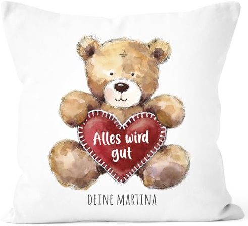 SpecialMe® Kissen-Bezug Geschenk Teddy Motiv optional personalisierbar Danke Sagen Trost Spenden Mut Machen Weiss 40cm x 40cm