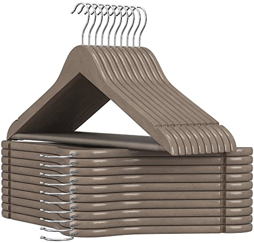 SONGMICS Percha de Madera Maciza, Juego de 20, con Ranuras para Hombros, Barra Antideslizante para Pantalones, Gancho Giratorio de 360°, para Trajes, Camisas, Abrigos, Greige y Plata CRW001MB01