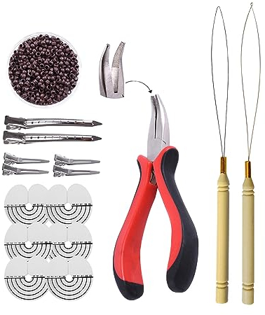 Microring Extensions Set: Microring Zange, Haarverlängerung Schlaufe und 500 Stück 2,5 mm Nano Ringe (braun)