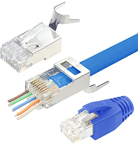 VCELINK Connettori RJ45 Cat7 Cat6A Passanti, Plug RJ45 Schermato Per Cavo di Rete Cat7 Cat6A Con Ausilio per Infilatura e Protezione Antipiega, Blu 10 Pezzi
