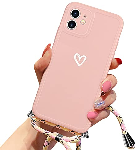Lafunda Handykette für iPhone 11 Hülle mit Band - Rosa | abnehmbare Handyhülle mit Kordel zum Umhängen,Silikon Schutzhülle mit Herzmuster für iPhone 11
