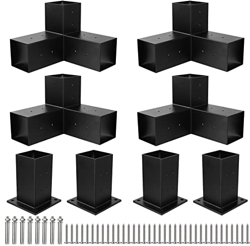 Soobool Kit de support de pergola 4 x 4 à faire soi-même avec revêtement en poudre noire, alliage d'aluminium, 4 supports d'extension d'angle à 3 voies et 4 bases de poteau de pergola solos pour
