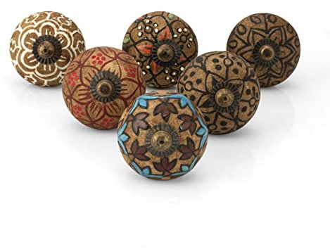Rasiya Art Ceramic Drawer Knobs - Antique Rustic Pull Handle for Cabinet Cupboard Kitchen Furniture Hardware Boho Farmhouse Decor - Pack of 6