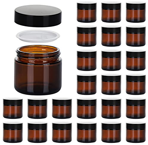 Hoa Kinh - Tarros de 2 onzas con tapas, paquete de 24 tarros de vidrio ámbar con tapas, recipientes vacíos para cosméticos, frascos redondos herméticos de vidrio con forro interior y tapas negras para