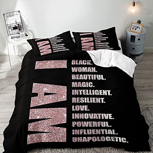 VIVIHOME 3PCS Rose Gold & Black Bedding, Duvet Cover Queen, Melanin Queen Bed Set, African American Black Girl Magic Comforter Quilt Cover, Inspirational Gifts for Women Teenage Girls, 2 Pillow Shams