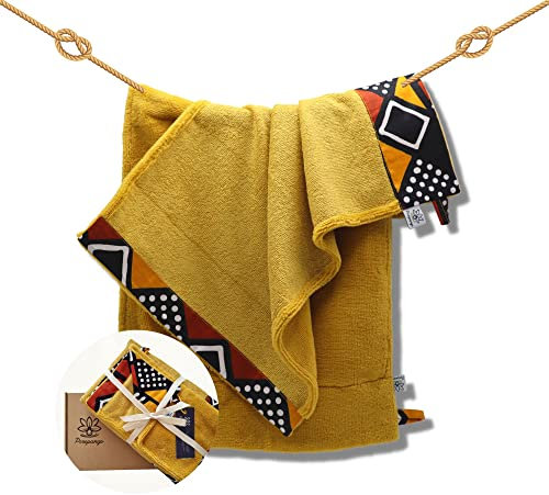 Coffret serviette de bain original et stylé en éponge de bambou premium ultra douce et absorbante confectionné en France avec des matières durables (Bogolan)