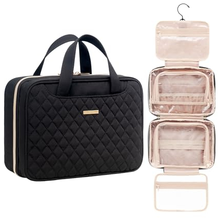 EVERFUN Hängende Reise-Kulturtasche für Frauen, große Make-up-Kosmetiktasche mit 4 Fächern, wasserabweisend, vollständig geöffnet, Handgepäck-Dopp Kit für Reisezubehör (Schwarz, Groß)