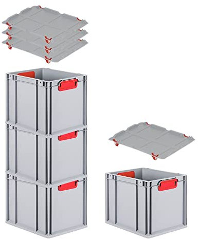 PROREGAL SuperSparSet 4x Eurobox NextGen Color mit Auflagedeckel & Schiebeschnappverschlüsse, HxBxT 32x30x40cm, 30L, Griffe rot geschlossen, Glatter Boden, Eurobehälter Transportbox Transportbehälter