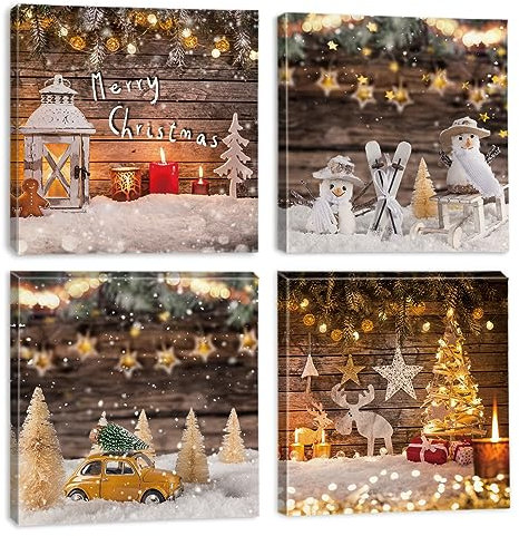 Ohok Premium Leinwandbilder Kunstdruck Bilder 30x30cm, Leinwanddruck Bilder 4er-Set Wandkunst Dekor Bild mit Holzrahmen Wandbilder für Schlafzimmer Büro Home Dekorationen (Weihnachten I)