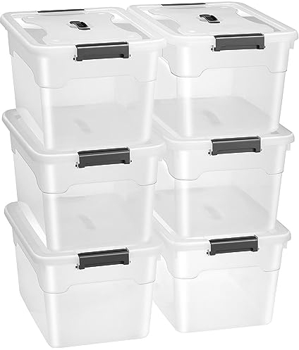 Juskys scatola per conservazione con coperchio - Set da 6 scatole in plastica 30l - Scatola grande, impilabile, trasparente - Sistema di organizzazione per conservazione