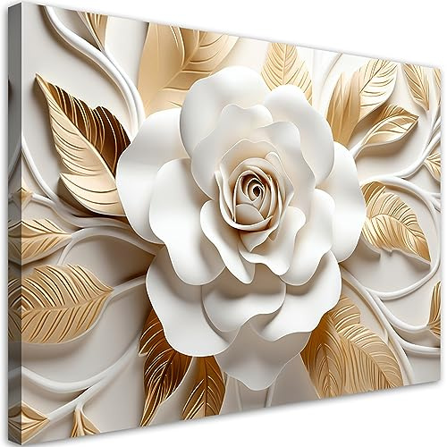 Feeby Bilder 3D Blumen Gold Natur 120x80 cm 1 tlg Modern Leinwandbilder Bild auf Leinwand Kunstdruck Wand Bild Wanddeko Design Schlafzimmer Büro Flur Hotel Spa Wohnzimmer Botanik Blumenmotiv Weiß