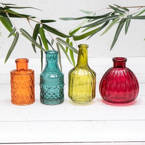 4 x Vintage Glass Patterned Bottle Flower Display Bud Vases Teal, Orange Green & Red Set