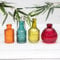 4 x Vintage Glass Patterned Bottle Flower Display Bud Vases Teal, Orange Green & Red Set