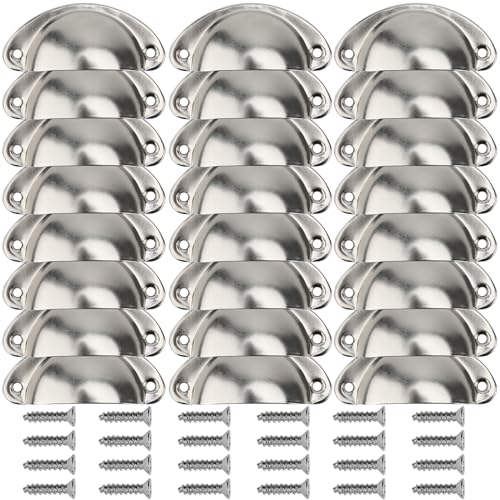 DAKFOOK 24 Pcs Shell Cup Handles Bulk, Silver Half Moon Shell Drawer Pull Handles with Screws, Door Cabinets Handles for Kitchen Cupboards