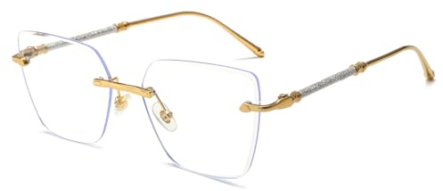 LJCZKA Randlos Brille Blaulichtfilter Damen Katzenauge Quadratisch, Rahmenlose Blaufilter Brille Damen Ohne Sehstärke Augenbelastung Entspiegelte