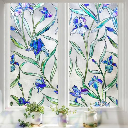 Lifetree Stained Glass Window Film Privacy, 3D Flower Patterned Film Static Cling No Glue Anti UV Decorative Window Sticker (60 * 200cm)