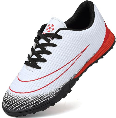 VTASQ Soccer Shoes Child Artificial Grass Soccer Footwear Sports Shoes Teenagers Athletics Training Football Boots Lightweight Wear-resistant, White/Red, 9 UK