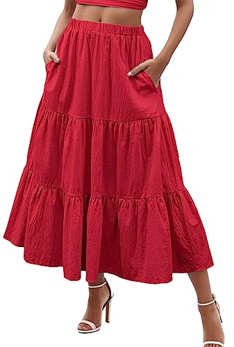 New 2024 AA Boho Mehrstufige Strandschaukel für Frauen mit Taschen Faltenrock A-Linie Fluid Taille Lang Elastisches Kleid Sommerrock Sexy Club Rock, rot, XL