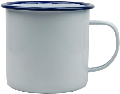 AMK® Falcon White Metal Enamel 8cm Mug Cup Retro Camping Outdoor Coffee Tea Picnic Housewares Traditional Classic Steel Blue Trim