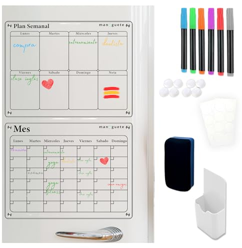 MANEGUETE. Pizarra magnetica nevera transparente en castellano. Planificador mensual, planificador semanal, 6 rotuladores y borrador. Calendario magnetico nevera que da estilo a tu cocina