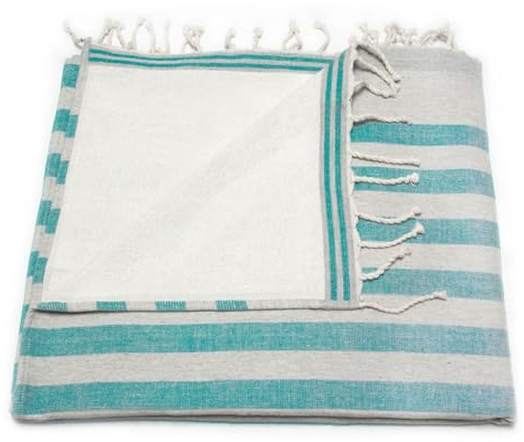 ANNA ANIQ Fouta Hamamtuch mit Frottee (eine Seite) - XXL Extra Groß 100x180 cm Strandtuch Saunatuch - 100% Baumwolle, Bade-Tuch, Picknick-Decke, Yoga, Pestemal, Strand-Handtuch (Grün gestreift)