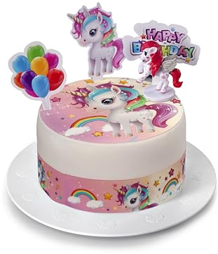 Kardasis Licorne dessus de gâteau avec figurines en papier | Topper comestible pour gâteaux | Décoration de gâteau pour l'anniversaire thème Licorne | 20cm+4 bandes 28x4cm+3 figurines + 1 figurine 3D