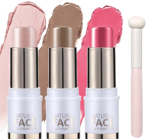 EONFAVE 3 Stück Creme Contouring Stick, Highlighter Stick und Blush Stick mit Pinsel, Wasserdicht Lang Anhaltender Konturenstifte für Wange, Lippe und Auge, Milk Textur, Leichtes Finish-Makeup Schafft