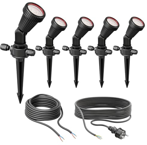 ledscom.de 5er Set Gartenstrahler mit Erdspieß PIRK mit Schuko Stecker für außen, schwarz, inkl. GU10 LED (warmweiß, je 7,6W, 1103lm, 33°)