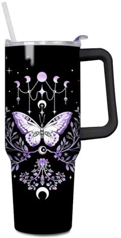 01coin 40 oz Gothic Tumbler with Handle and Straw Travel Mug Water Bottle, Stainless Steel Insulated Coffee Cup with Lid and Straw, Birthday Gifts