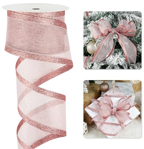 LIZLOVESS Cinta de Navidad de oro rosa con alambre de 2.5 pulgadas, cinta metálica de oro rosa con rayas de purpurina, cinta rosa para árbol de Navidad, suministros de coronas, guirnalda, decoración