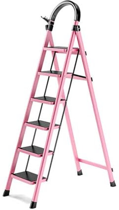Step Stool Lightweight 6 Step Ladder Foldable Extension Ladder Steel Ladder With Anti-Slip Wide Pedal And Handgrip Multi-use For Homr Office & Kitchen(Pink)