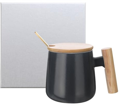 sourcing map Ceramic Coffee Mug Set 12.85 Oz Simple Wooden Handle Large Tea Cup Handmade Ceramic Mugs Gift Box with Lid and Spoon for Office Kitchen Home and Gifts for Women and Men, Black