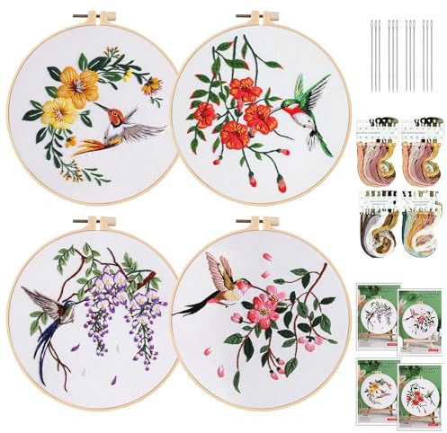 Kit de broderie pour débutants, 4 pièces de broderie pour adultes, avec cadre à broder, fils de couleur, motif floral, plante, kit de broderie pour débutants, kit de point de croix pour bricolage