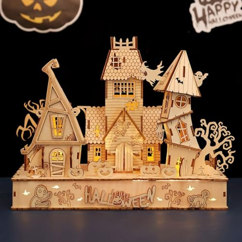 Rxbycxshi Halloween Haus Haunted 3D Puzzle Holz Holzpuzzle Erwachsene, Halloween 3D Haus Brainteaser Puzzle, Knobelspiele 2024 Halloween Deko Geschenke - 147 Teile