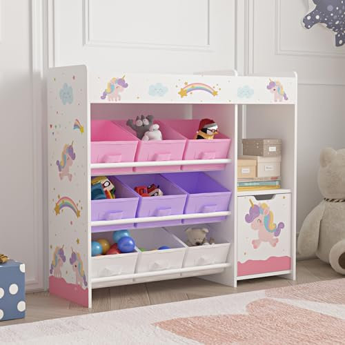 [en.casa] Kinderregal Søndreland Bücherregal für Kinder mit 9 Aufbewahrungsboxen Spielzeugregal mit Schrank 80 x 90 x 30 cm Spielzeug Aufbewahrung Einhorn Motiv