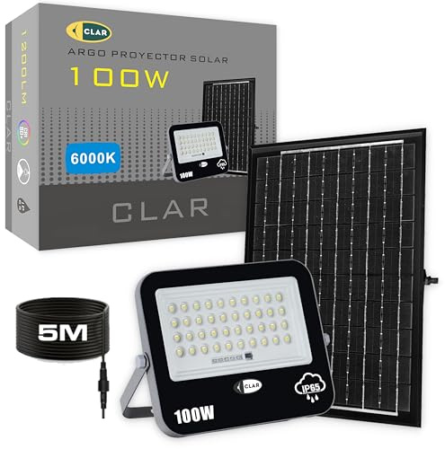 CLAR ARGO - Solarstrahler für Außen, Solar LED Strahler, Solarlampen für Außen Ohne Bewegungsmelder, Solar Scheinwerfer für Außen, Solar Flutlicht, Solarlampe Ohne Bewegungsmelder, 100W (Pack 1)